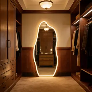 16565H01-Irregular Cloud LED Full Length Mirror, Tempered Glass Wavy Body Mirror with Dimmable Lights, Wall Mounted/Free Standing Dressing Mirror for Closet Bedroom