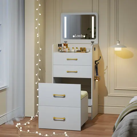 Vlsrka 3-in-1 Sturdy Stable Modern Mirrored Makeup Vanity Desk - Lighted Compact Small Corner Furniture for Small Spaces, with Mirror, Built-In Lamp, Multi-Drawers, Hidden Bottle Space & Swivel Stool, Automatic Smart Setting for Bedroom