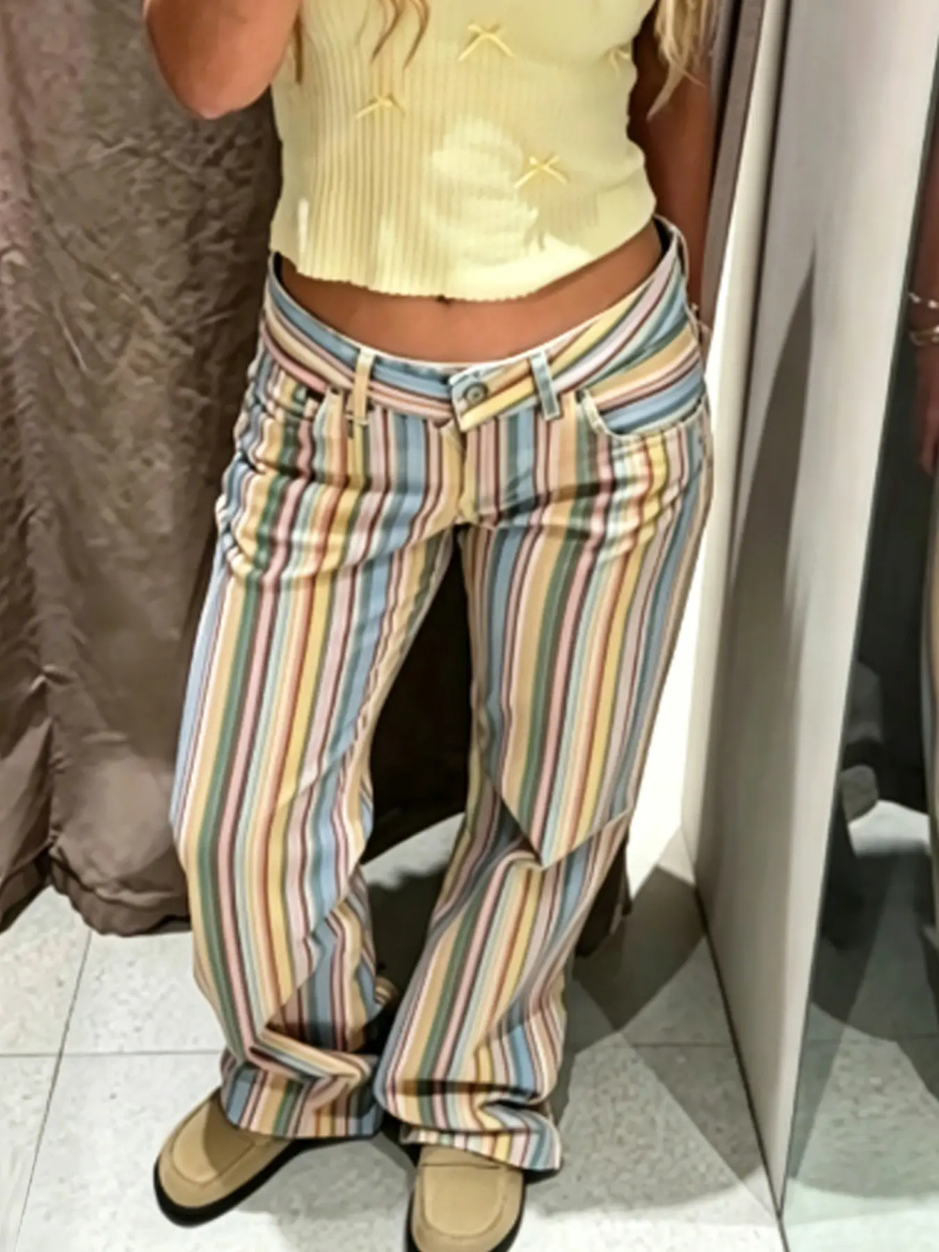 Rainbow Striped Jeans Pants Women's Pants Spring 2026 New Arrival Straight Leg Mid Waisted Trousers Ladies Fashion All-Match Streetwear Casual Bottoms With Pockets Long Pants For Women