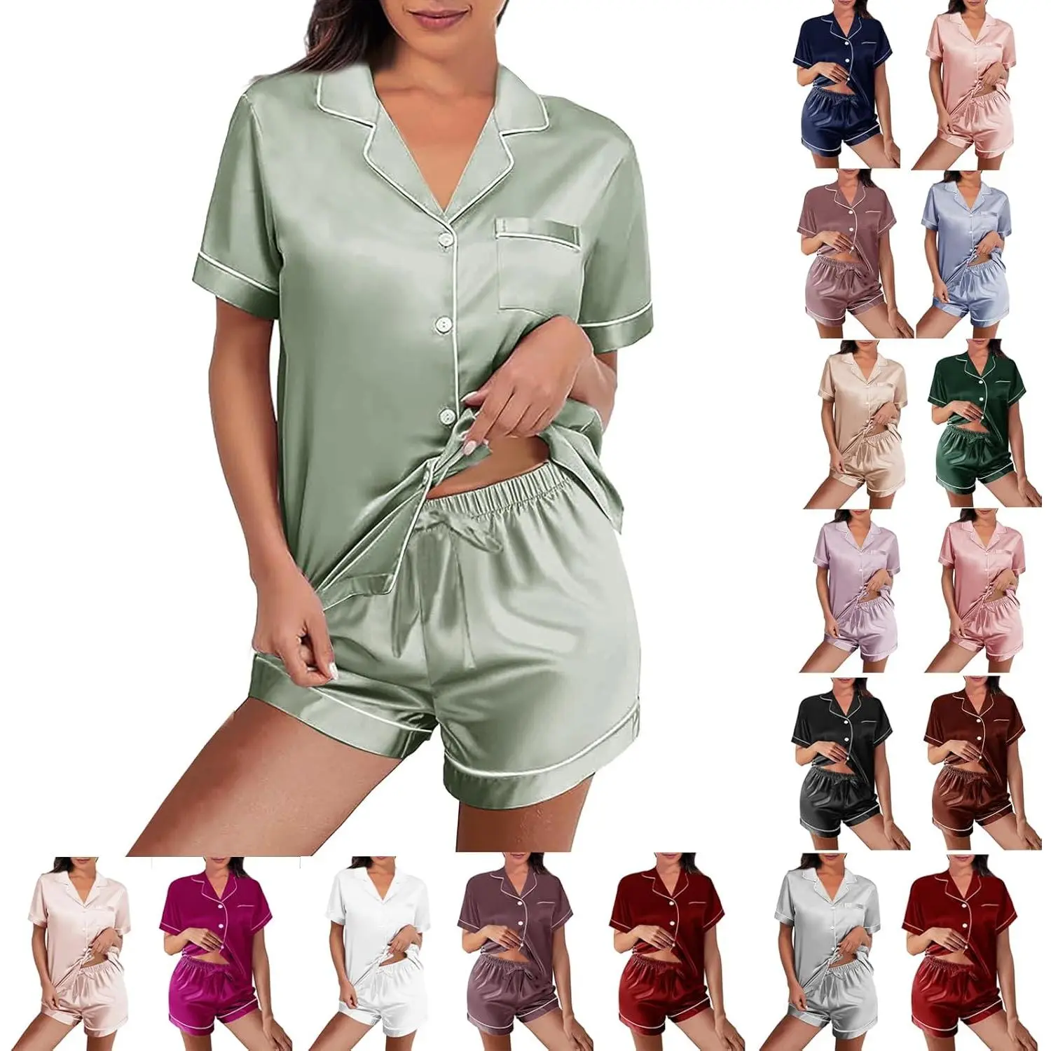 Womens Silk Satin Pajamas Loungewear Two-Piece Sleepwear Button-Down Floral Pj Set Shortsleeve Womenswear