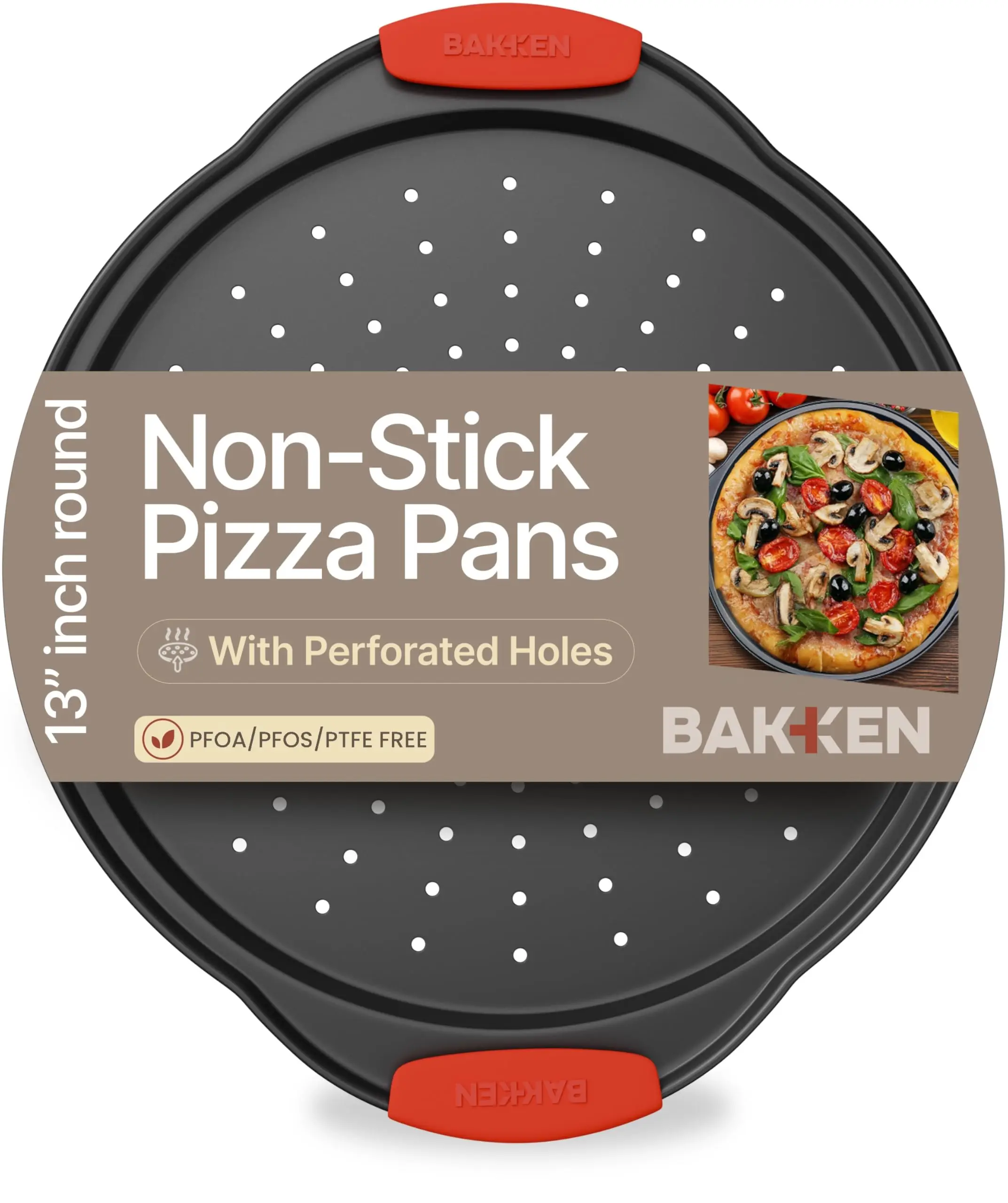 Bakken Carbon Steel Round Pizza Tray with Holes, Nonstick Coating, Handles – PFOA, PFOS, PTFE Free Baking Supplies, Durable Steel for Daily Use