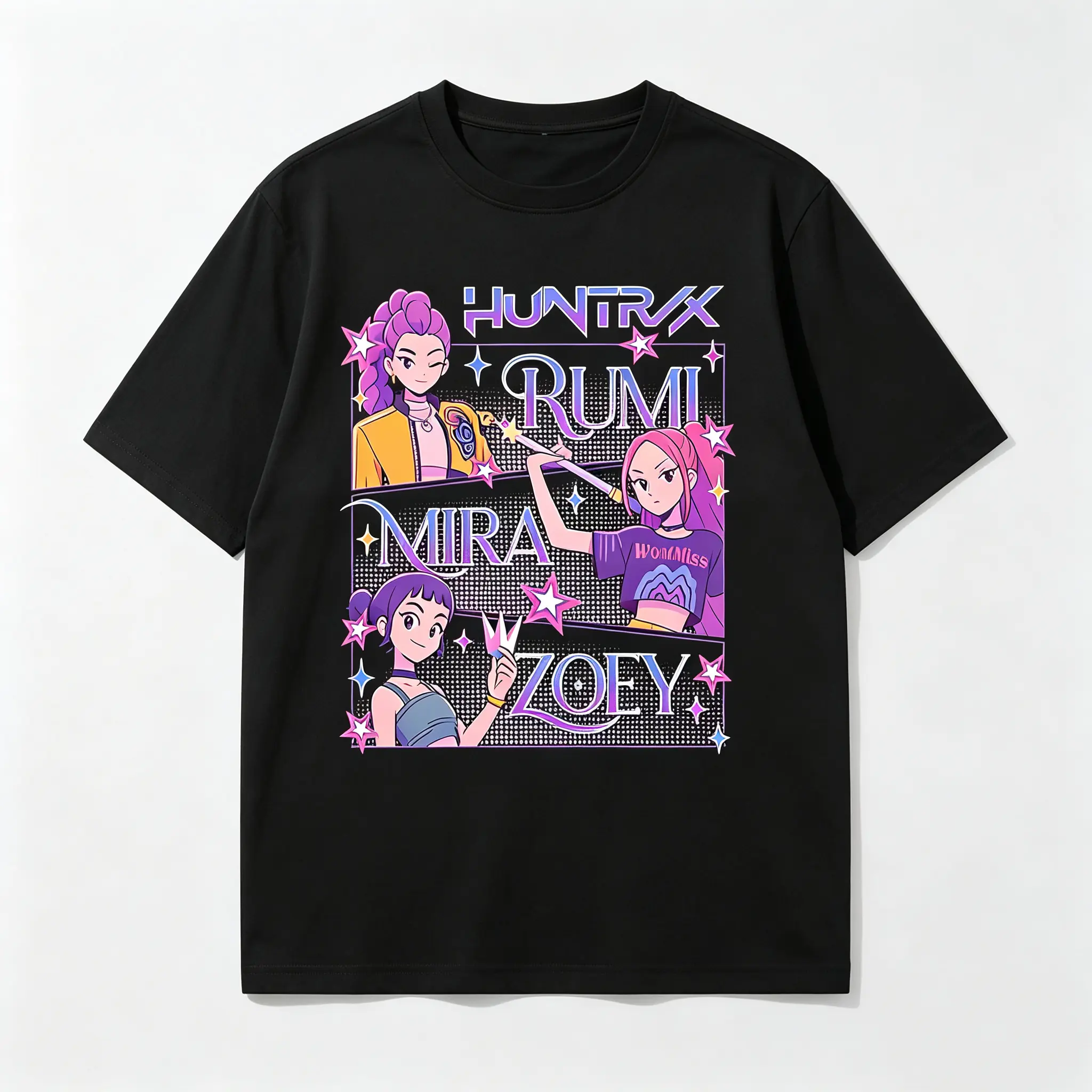 Lady Huntrix Kpop Devil Hunter Pattern T-Shirt - Black Top, Cute Anime Battle Monsters Like Rumi, Mira And Joey - Casual K-Pop Exhibition Outfit - Machine Washable Fan Gift, Pop Culture Clothing, Fun Design, Digital Print Quality