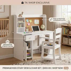 Garvee Multifunctional Kids Desk and Chair Set – Wooden Study Table with Bookshelf, Bulletin Board Drawer and Storage Cabinet – Student Computer Workstation for Boys and Girls Ideal for Bedroom