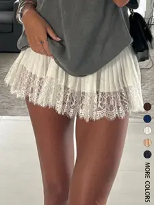 Y2k Lace Mini Skirt Women Low Rise Pleated Ruffle Tiered Half Slip Elastic Waist Flowy Mesh Sexy Short Underskirt Fit