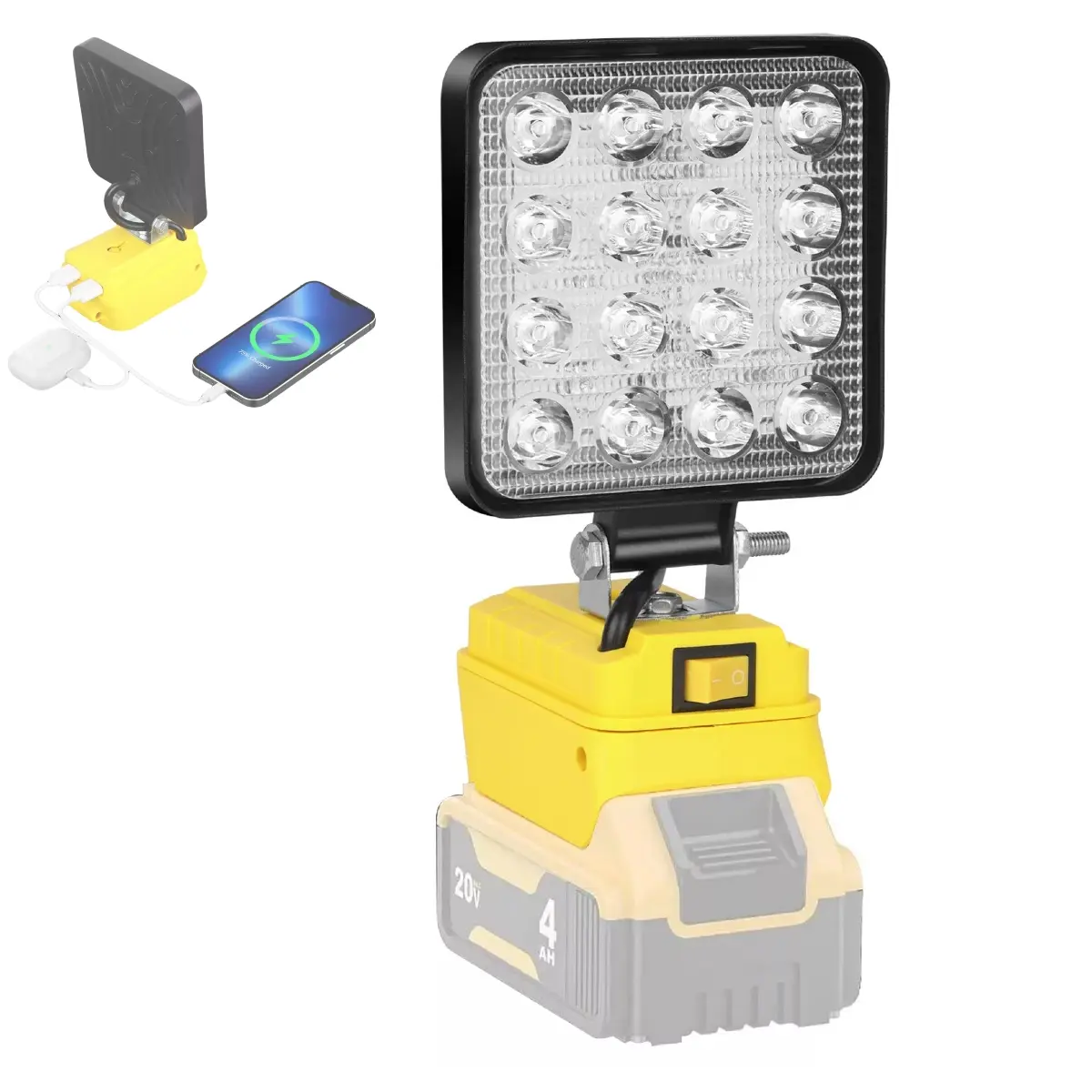 KUNLUN Cordless LED Work Light - 4800LM, 20V Battery-Powered Portable Spotlight with Lamp Beads, 140° Adjustable Head, USB Charging, Portable Charger Compatibility for Jobsite, DIY Projects (Battery Not Included)