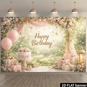 2D Flat Outdoor Pink and Golden Birthday Flower Arch Backdrop, Forest-Themed Archway with Pink Gauze, Pink and Golden Balloons, Rose Cake, Gift Box, "Happy Birthday" Golden Foil Lettering, Star and Heart Golden Glitter Decorations
