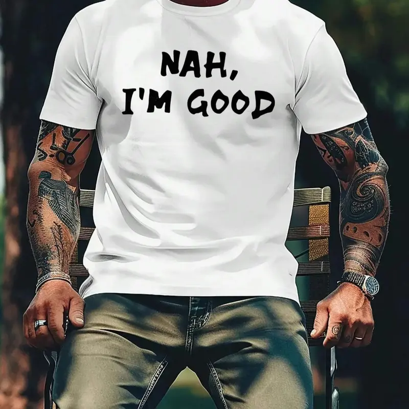 Men's "NAH, I'M GOOD" Letter Print Round Neck Tee, Regular Fit Short Sleeve Crew Neck T-shirt for Summer, Casual Men's Top for Daily Wear