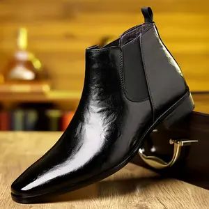 DINAOR Men's Chelsea boots, stylish British-style ankle boots, retro business high-top leather shoes, comfortable and versatile boots. Black