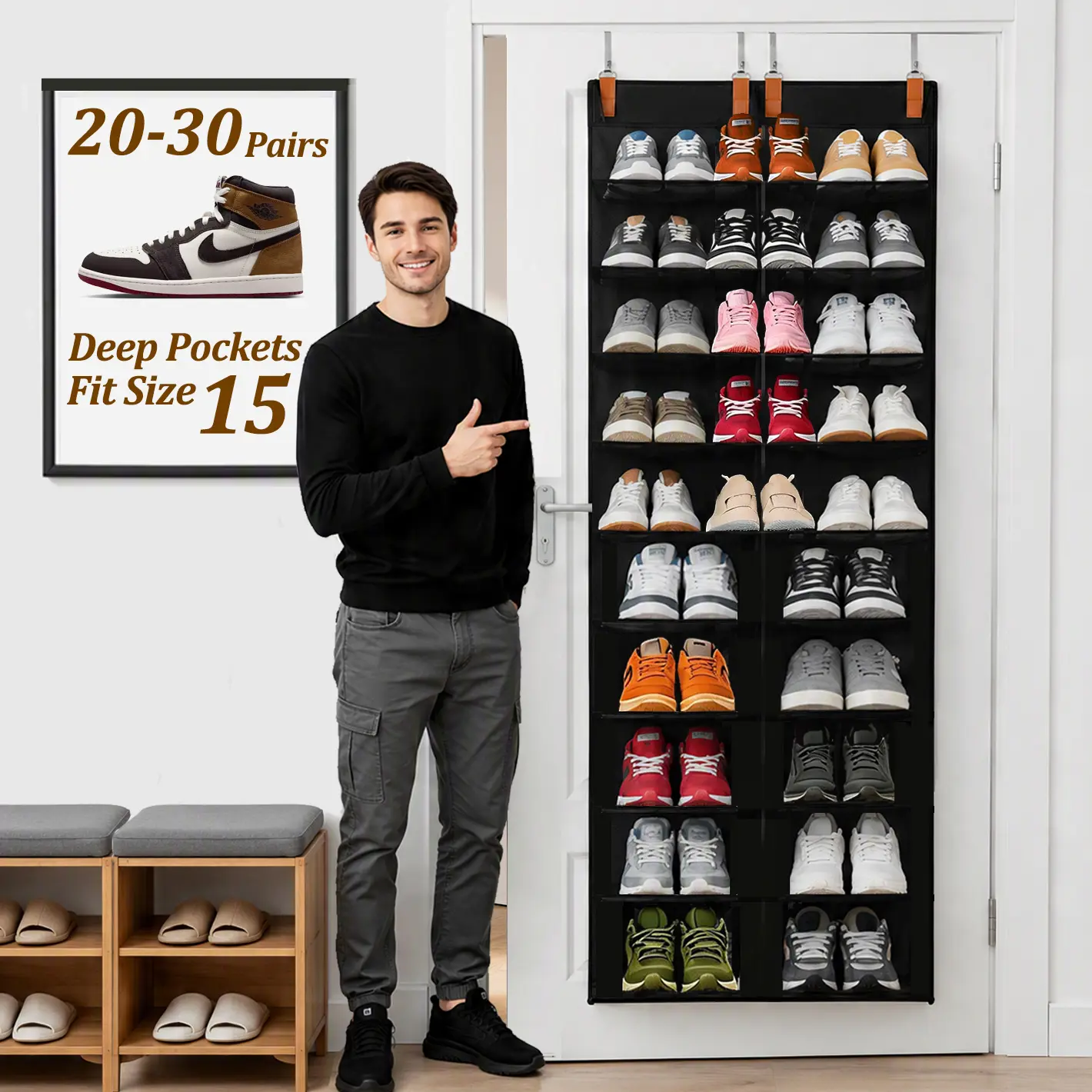 10-Tier Door Shoe Rack Organizer, 20-30 Pairs, Breathable Mesh Over the Door Shoe Holder Storage, 20 Large Deep Pockets Hanging Shoe Storage for Closet, Handing Shoes Holder Fit All the Family's Sneakers, Boots, Heels, White, Shoe Rack Organizer