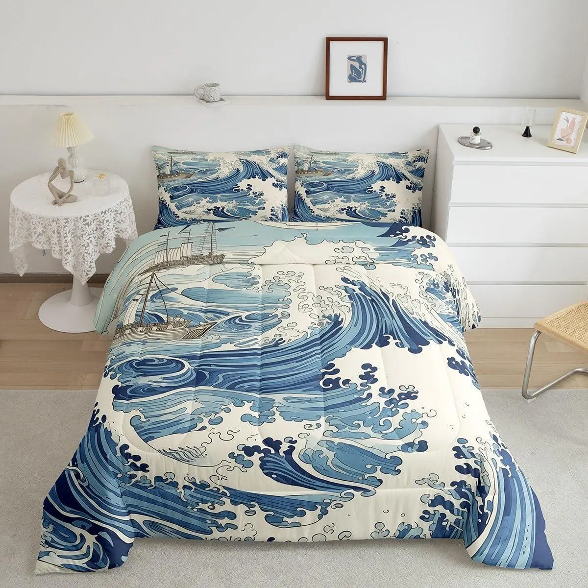 Ocean Wave Bedding Set Sea Wave Pattern Comforter Set Adult Nautical Comforter Blue Quilt Set