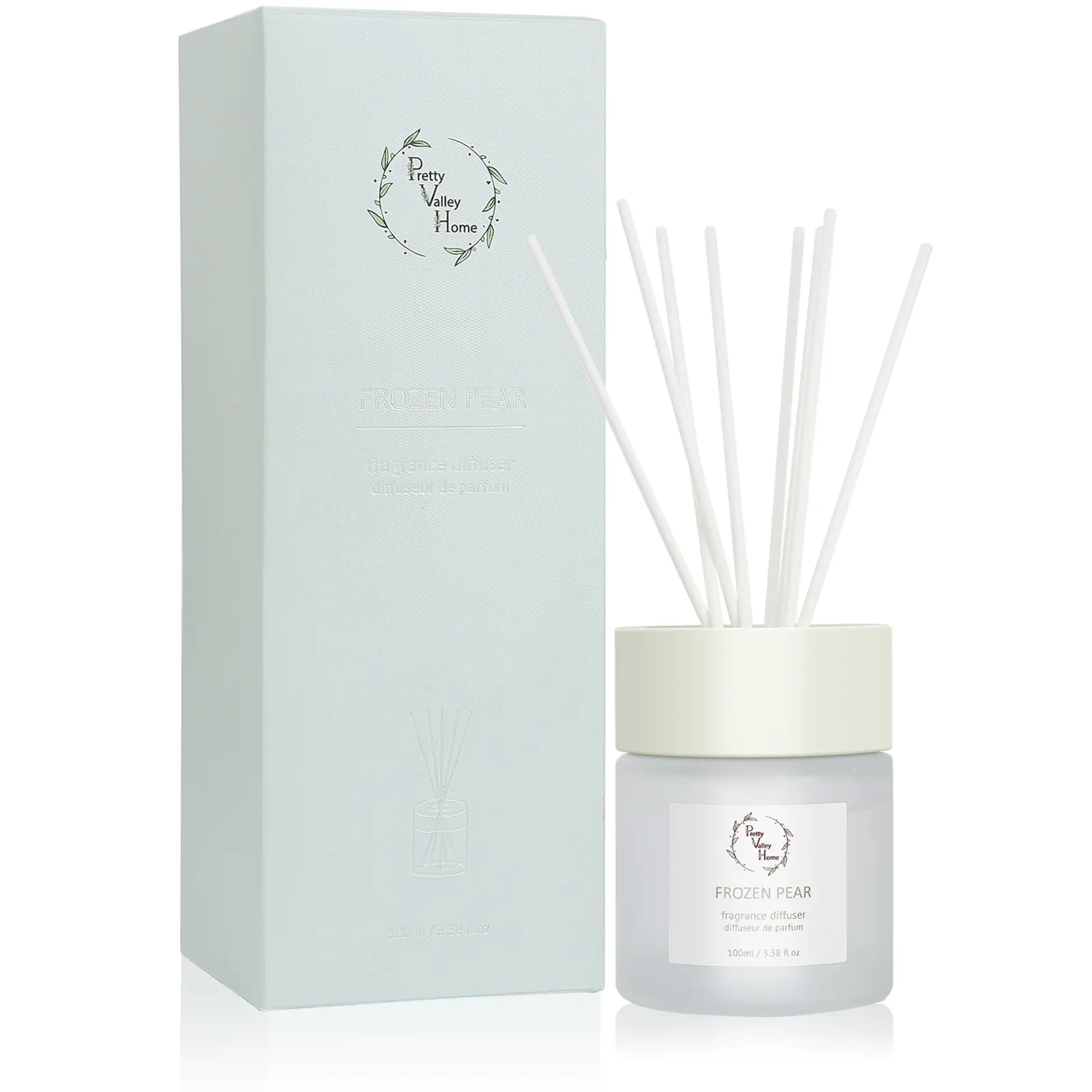 Pretty Valley Home-Reed Diffuser Set, Diffuser 100Ml / 3.38fl OZ Gift Box - Includes Reed Diffuser Sticks, Fragrance Oil, and Glass Bottle for Bathroom Office Living Room Decor (Frozen Pear)