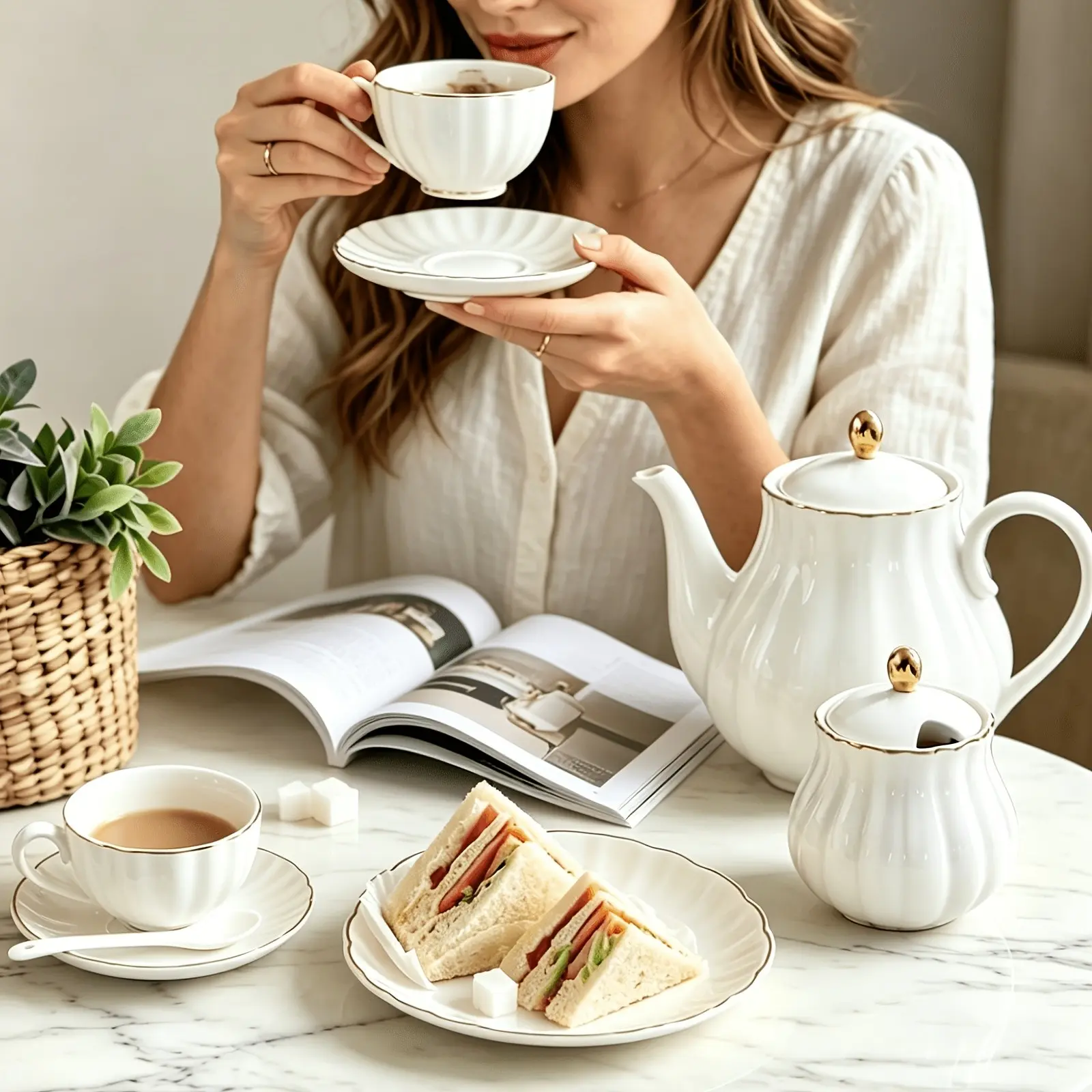 English Afternoon Tea Elegant Vintage Fluted Rim Porcelain Tea Set, British Royal Style Pumpkin-Shaped Tea Service for 6, Includes Teapot, Teacups, Sugar Jar, And Cream Pitcher, Perfect for Tea Lovers, Tea Party, Mother'S Day Gift