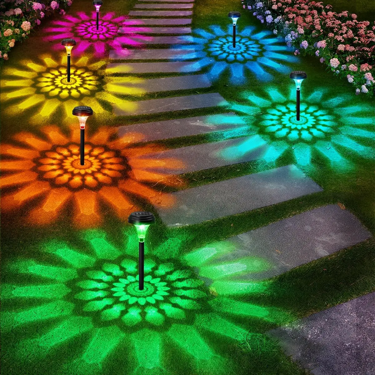 Nupostai Solar Outdoor Garden Lights Color Changing Warm White Sunflower IP67 Waterproof RGB Path Lights for Walkway Yard Lawn Patio Decorative Halloween Christmas Lamp