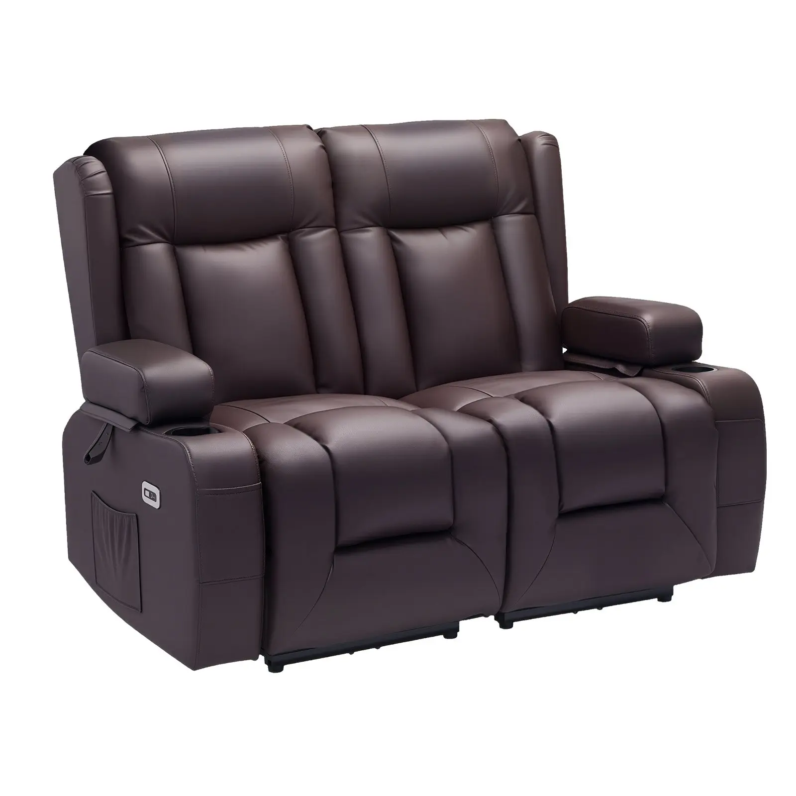 【Summerfinds】VEVOR PU Leather Power Reclining Loveseat Sofa for Living Room, 2-Person Dual Seats with Heating-Massage, Quick Setup, Timer, USB Ports, Cup Holders, Side Bags, Wide Arms, Electric Recliner Couch, Two People