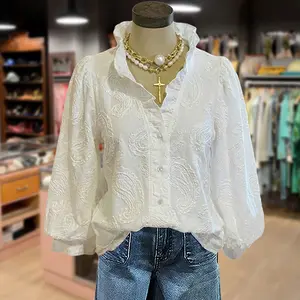 Cherrybetty 100% Cotton Vintage Embroidered Paisley Ruffle Neck Long Sleeve Blouse Sweety Essential Comfort Elegant Outfits For Women