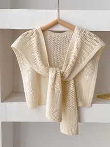 Women's Solid Color Hollow Out Cable Knit Shawl, Casual Open Front Long Sleeve Cover Up Top for Spring & Fall, Fashion Women's Knit Clothing for Daily Wear, Fitted, Knitwear, Womenswear