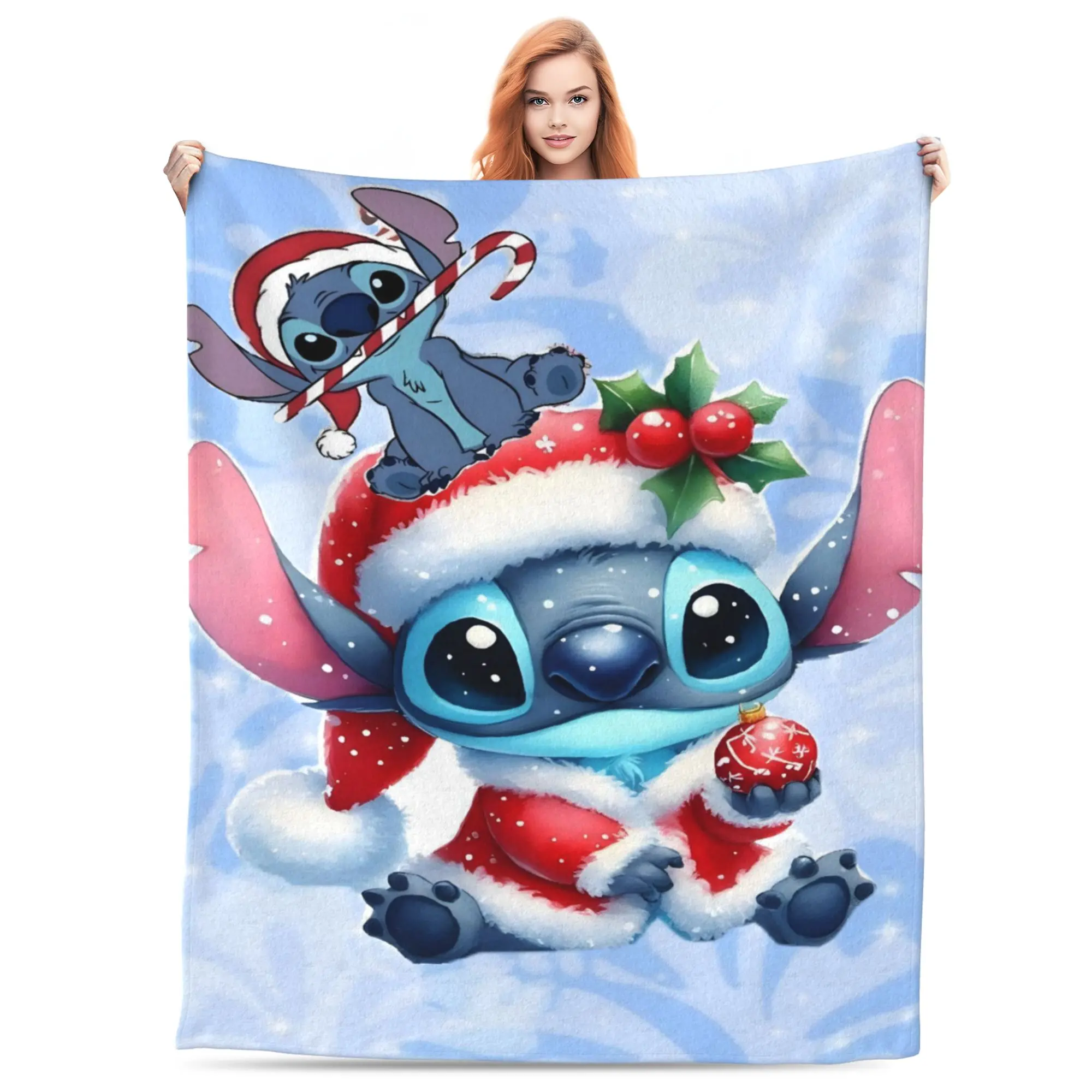 [SummerVibes] DISNEY CLASSIC Lilo & Stitch Christmas Soft Throw Blanket - Plush Festive Stitch with Candy Cane & Ornament Design for Bedroom, Sofa, Holiday Decor & Gift
