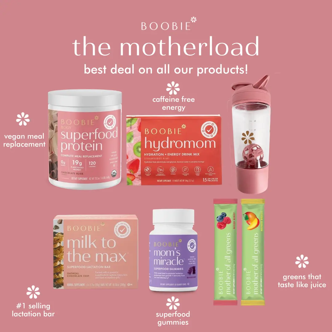 Boobie* Superfoods Motherload Bundle - Boobie Body Protein, Hydromom Electrolytes, Superfood Gummies, Lactation Bars, Mother of All Greens & Blender Bottle