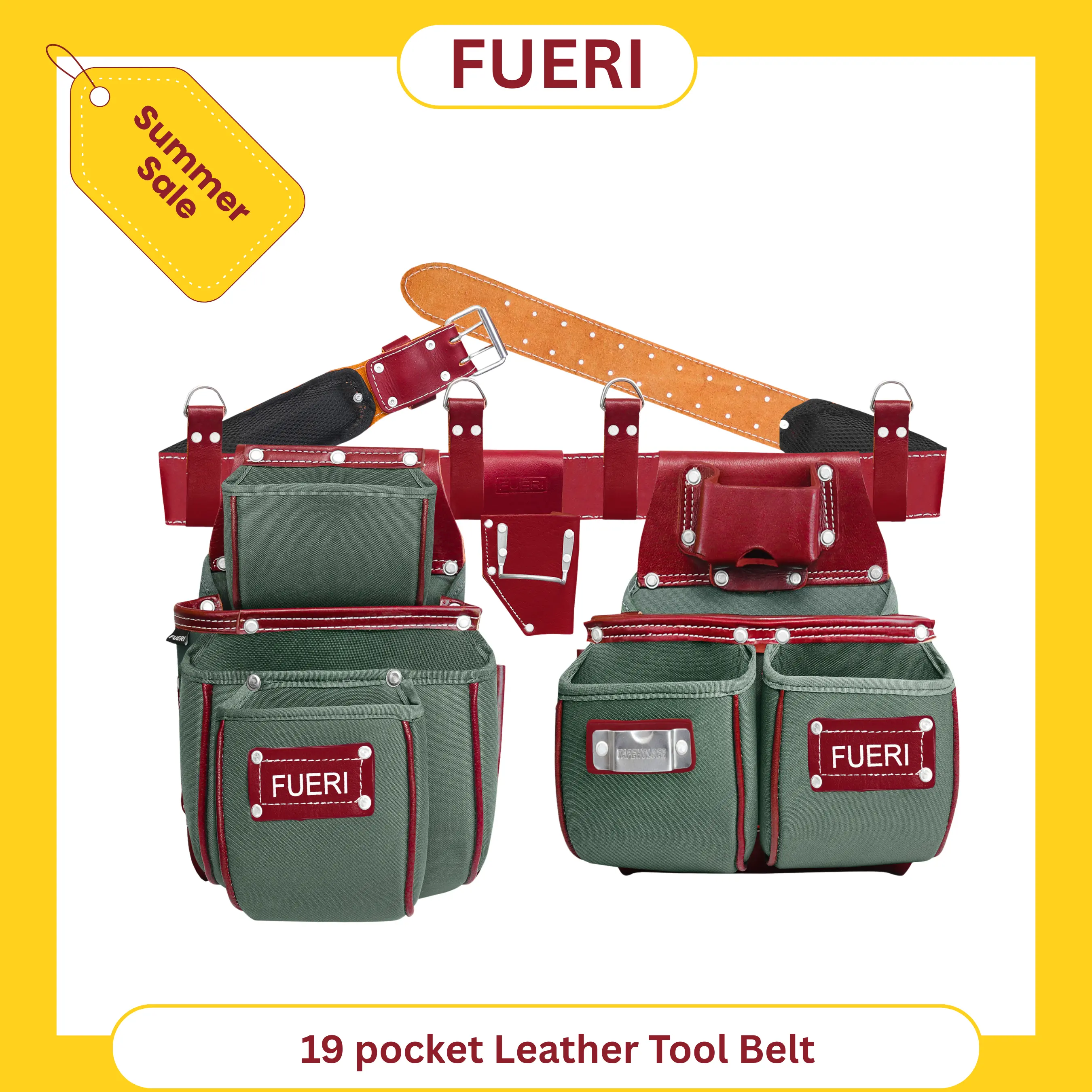 FUERI Leather/Nylon Tool Bag Organizer - 19 Tool Pockets, Adjustable Foam Padded Belt, Heavy Duty Pouches, 4 D-Loops, Hammer Holder for Carpenters & Electricians, Organizer Tool Bags