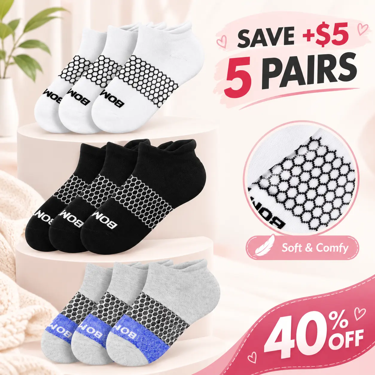 Packs 2/3/5 Bombas Tri-Block Honeycomb Ankle Support Solid Socks for Women, Men | Multi Colors Unisex Running Socks, Seamless Toe, Compression Socks