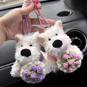 Cartoon Holding Bouquet Scrawled Dog Bag Pendant Cute Plush Doll Keychain Doll West Highland White Terrier Decoration Gift