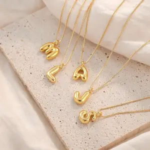Trendy Bubble Initial Charm 14K Gold-Plated Stainless Steel Necklace — Select Your Personalized Dainty Alphabet Letter Pendant