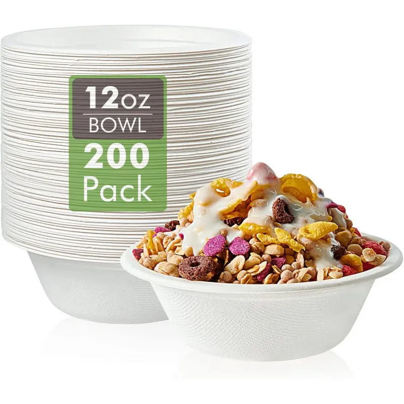 200 Pack 12 OZ Paper Bowls, Disposable Compostable Bowls Bulk, Bagasse Bowls, Heavy-duty Bowls for Milk Cereals, Snacks, Salads