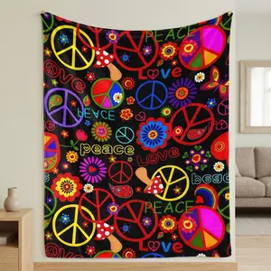 Colorful hippie peace love fleece blanket soft plush throw for couch bed boho retro room decor cozy warm lightweight blanket for travel camping yoga festival gift all season use
