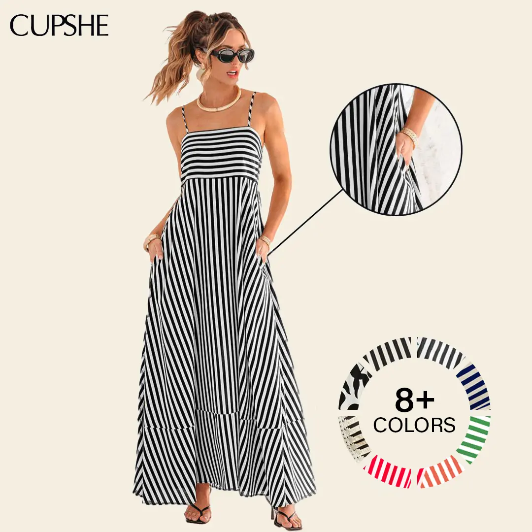 CUPSHE Women's Casual Wear Sleeveless Waist-Striped Maxi Dress - Lady's Viral Flattering Square Neck Boho Style Dresses with Ruffle Hem, for Beach Vacation (Sizes XS-XXL)  , Women's Clothes, Summer Flowy Dresses,summeroutfits,vacationoutfit #summerfinds