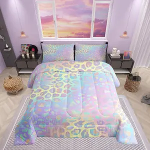 Rainbow Leopard Comforter Set,Teens Girly Colorful Glitter Bedding Set,Cheetah Print Bedding Home Decor Kids Comforter Animal Quilted Duvet Set