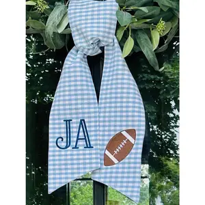Football Light Blue Gingham Plaid | Classic Embroidered Wreath Sash | Personalized | Monogrammed | Cotton | Baby Boy
