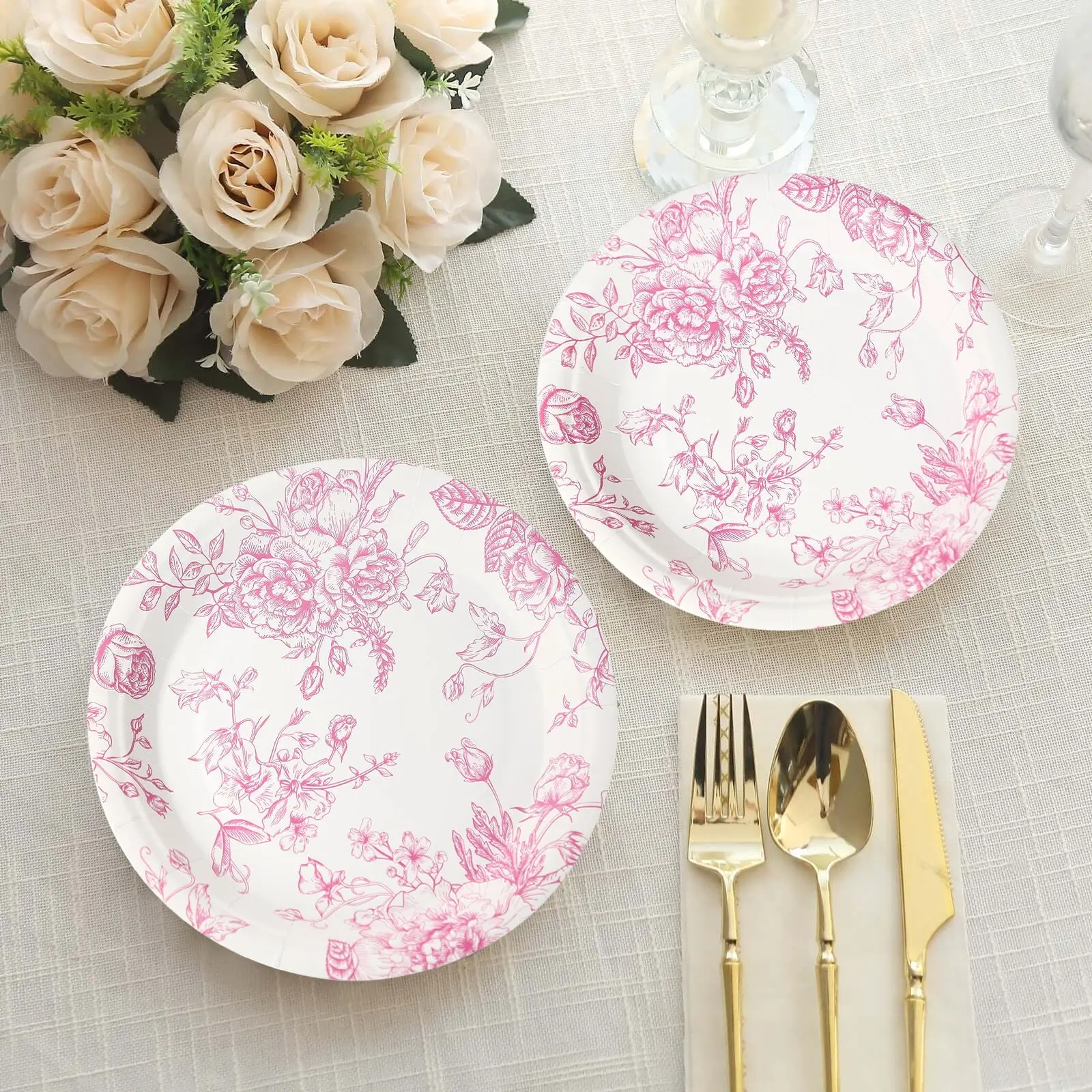 Disposable Dinnerware Sets - 25-Pack 7" White Paper Round Dessert Plates with Pink French Toile Pattern, Disposable Tableware for Salads, Appetizers, Weddings, Wedding