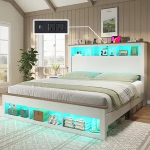 AMERLIFE Bed Frame with Bookcase Storage Headboard and Footboard, LED Platform Bed with Charging Station, No Box Spring Needed, Noise Free/Best Gift Ideas/Christmas Gifts