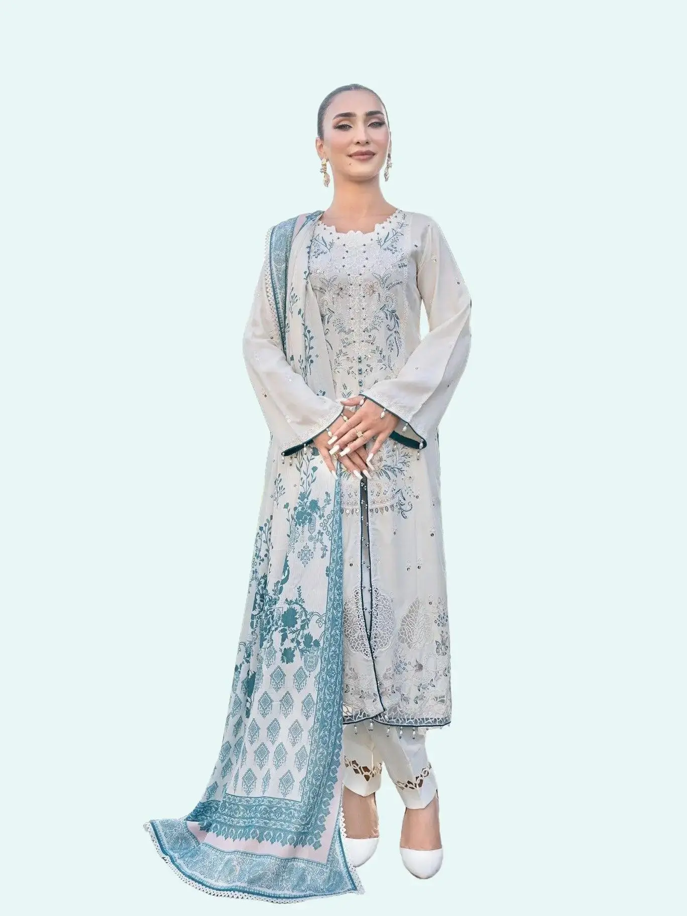 Pakistani Linen Embroidered Three Piece Stitched Shalwar Kameez Long Comfortable Breathable. Printed Womenswear