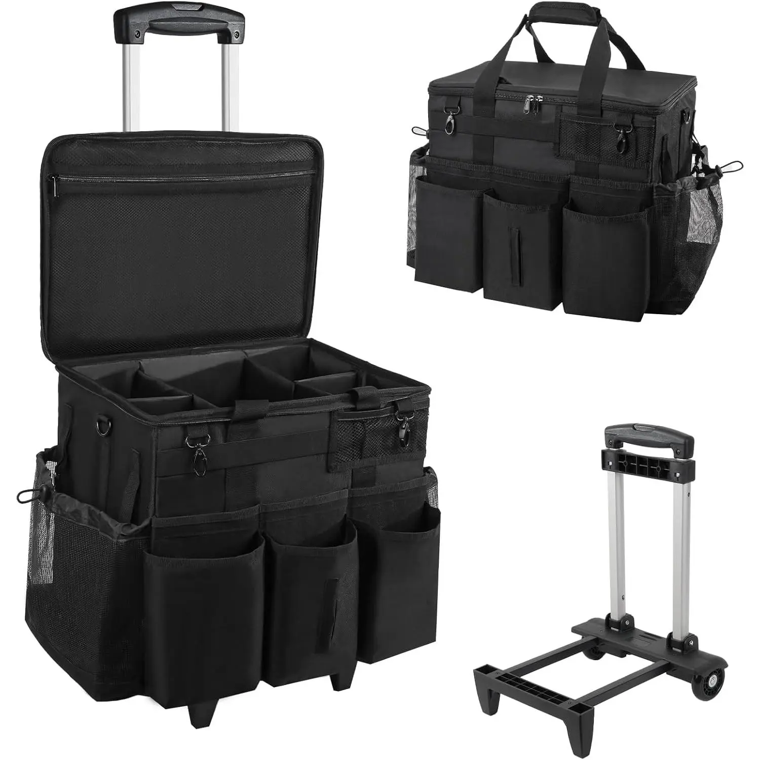 Rolling Cleaning Caddy Bag with Detachable Trolley, Large Cleaning Supplies Organizer with Wheels, Multi Pocket Cleaning Cart with Adjustable Shoulder Strap  Housekeepers & Home Use, Black