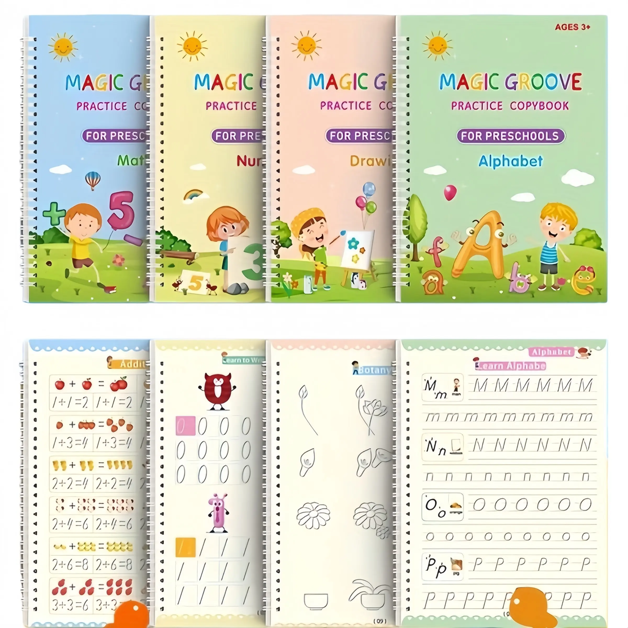 Magic Groove Handwriting Practice Lettering Books Set of 4, Learning Materials, Learning Tool, Reusable Preschool Learning Sheets, Disappearing Font, Includes Letters Numbers Coloring Math Skills free10 refills