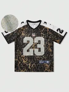 Trendy American Streetwear Victory 23 Jersey, Leopard Print with Rhinestone Number Details, Loose Comfort Fit, Unisex Hip Hop Style Sport Top