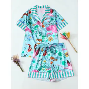 Fresh Lake Blue Flamingo & Koi Fish Print Women's Pajamas Set, Short Sleeve + Shorts, Contrast Pink Green Striped Lapel Cardigan, Smooth Satin Fabric, Skin-Friendly Breathable Loose Loungewear for Casual Daily Wear