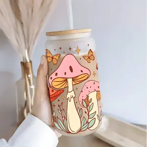 Boho Mushroom Butterfly Glass Tumbler, Skinny straight tumbler, with Lid & Straw, 16oz covered straw glass drinking cup, glass jar design, suitable for iced coffee, cold drink glass cups, glassware, Drinkware
