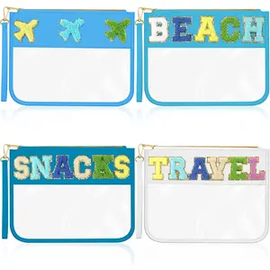 4 Pack Chenille Letter Bag Clear Monogram  Makeup Bag Travel Snack Beach Stuff Patch Pouch Preppy Gifts for Women Girls