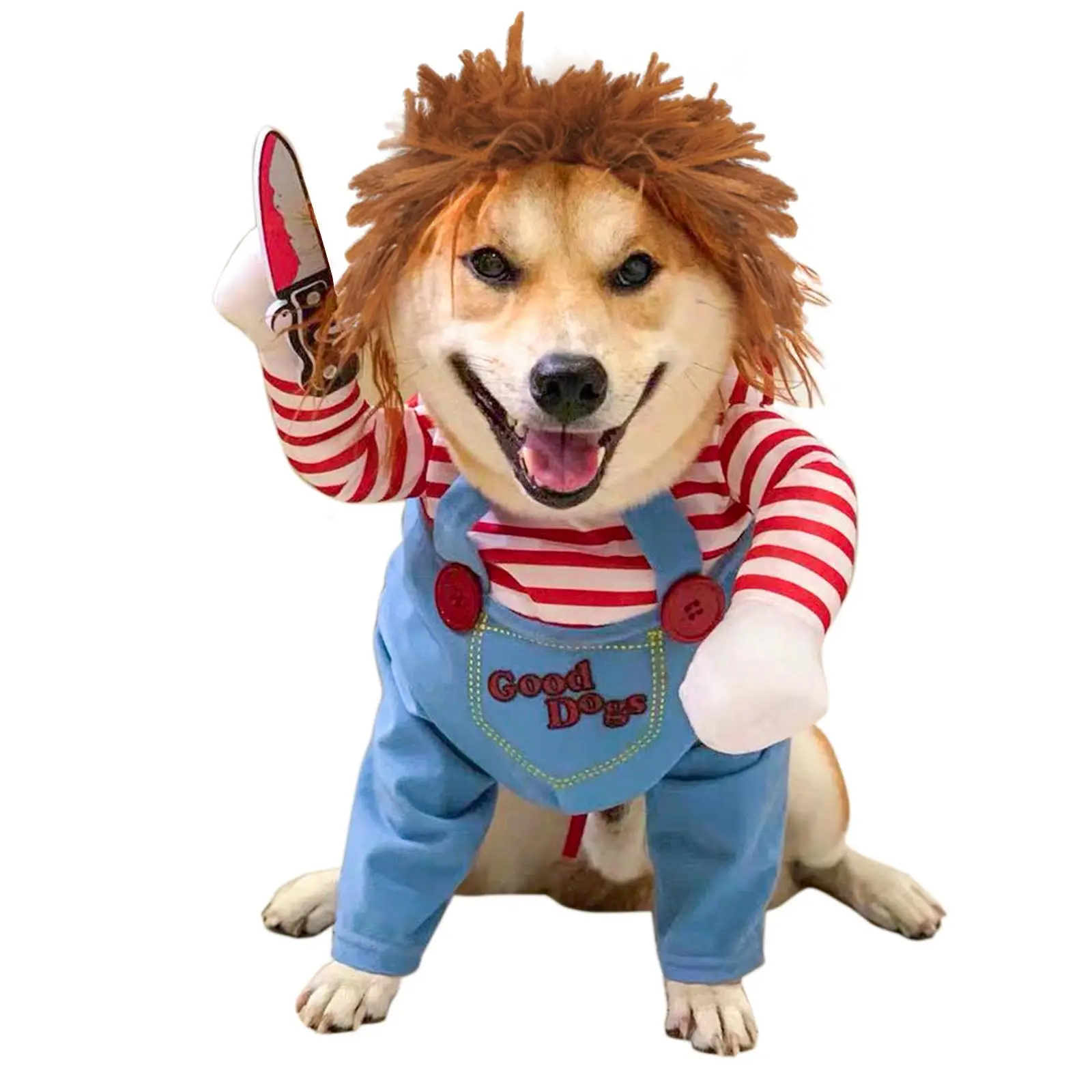 Funny Chucky Dog Costume with Pet Wig, Cosplay Scary Outfit with Knife, Creative Pet Costume for Small Medium and Large Dogs Cats Puppy