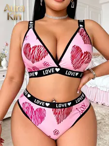 Women's Plus Size Sexy Lingerie Set, Heart Letter Pattern Design, Sporty Underwear, Letter Print Underwear, Printed Underwear, Comfortable and Stylish, Fashion Underwear, Perfect for Everyday Wear, Casual Soft Panties, Letter Print Panty, Underwear Sets