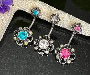 1 Piece Unique CZ Petals Floral Filigree Belly Ring Double Flower Navel / Naval Belly Ring -14g- 10mm