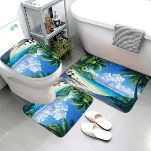 3pcs Tropical Beach Coconut Tree Palm Leaf Flannel NonSlip Absorbent Washable Decorative Bathroom Home Toilet Seat Cover Set