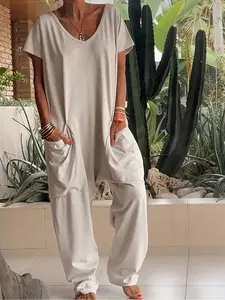 Women's Solid Color V-Neck Oversized Pocket Low Waist Fitted Jumpsuit, Roomy Pockets, Pocketed Jumpsuit, Casual Home Wear, Casual Fashion Jumpsuit, Comfortable One-Piece Pants, Perfect for Daily Use, Stylish Jumpsuit