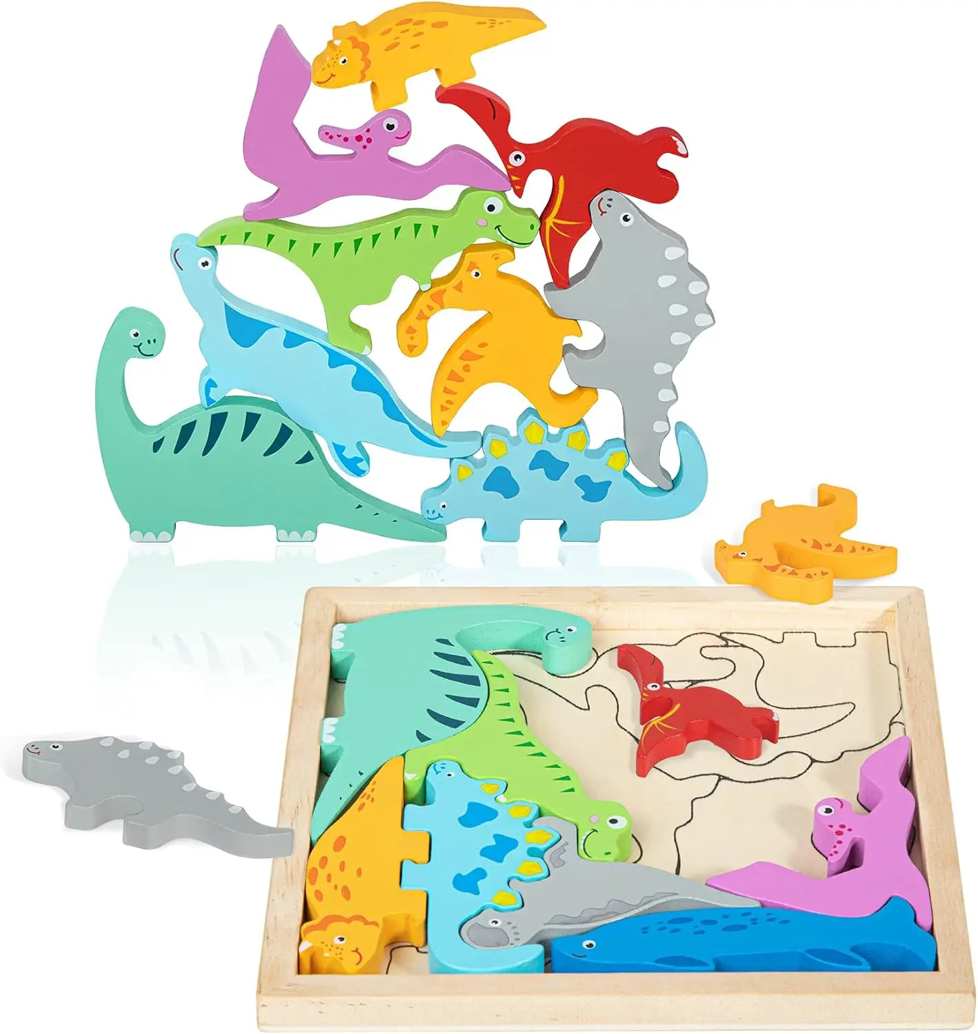 GROVIE Wooden Dinosaur Puzzles for Toddlers 2-4, Stacking Dinosaur Blocks Toys Cognitive Learning Montessori Educational Toys for 2 3 4 Year Old Gifts