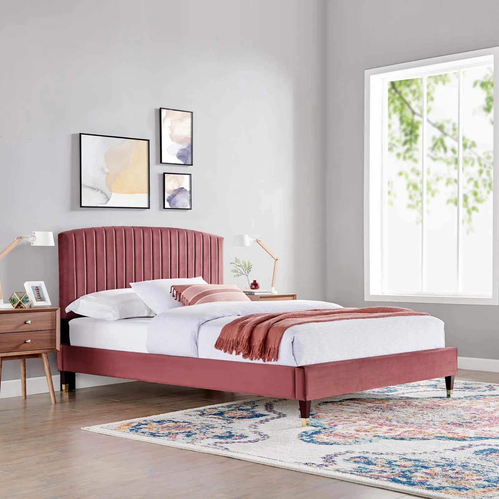 Alessi Dusty Rose Velvet Upholstered Platform Bed Frame with Arch, Tufted Headboard - Queen-Size Tufted Bed Frame for Indoor Furniture, Arch Headboard, Upholstered Tufted Headboard