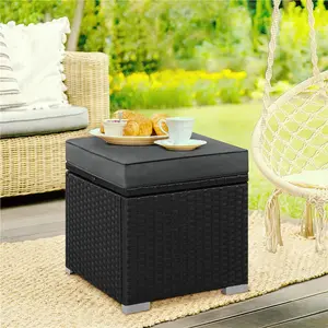 Costoffs 2-Piece Modern PE Rattan Storage Ottoman Outdoor Furniture Set - Wicker Stools & Benches with Removable Cushions, Flip-Top Storage Boxes for Small Balcony, Patio Porch