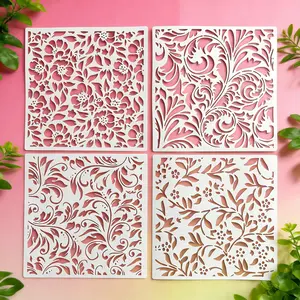 4 Pcs Floral Painting Hollow Template, Creative Art Masking Board, Reusable Plastic Material, Washable, Craft, for Wood, Fabric, Wall, Paper