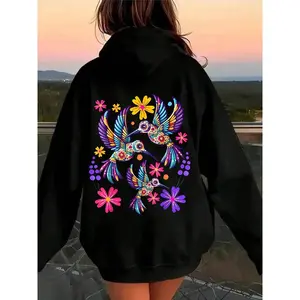 100% Cotton Unisex Hummingbird Colorful Mexican Flowers Bird Floral Nature T-Shirt Hoodie Unisex Oversized Drawstring Hooded Cotton Sweatshirt with Front Pocket for Daily Wear Comfort Hoodie for All Genders Printed Unisex Casual Hoodie Christmas Gift